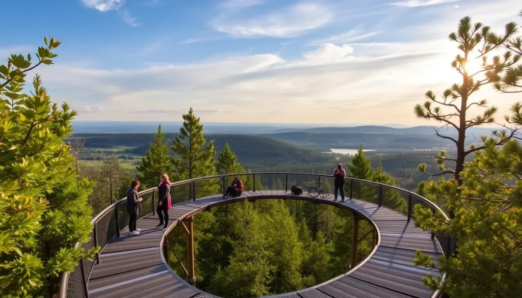 Generate an image of the Krkonoše Tree Top Trail with visitors walking on the elevated circular path.