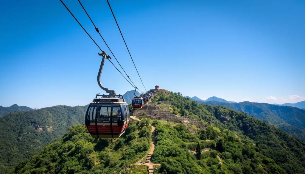 Generate an image of the Kuelap cable car ascending to the ancient fortress