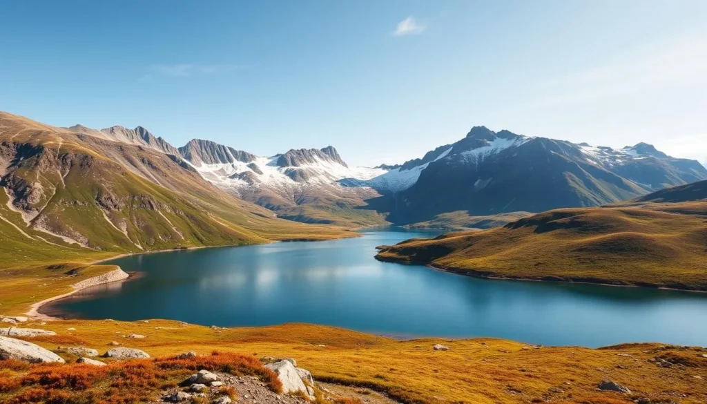 Generate an image of the Kungsleden Trail in Stora Sjofallet National Park, showcasing its scenic mountain landscapes and serene lakes.