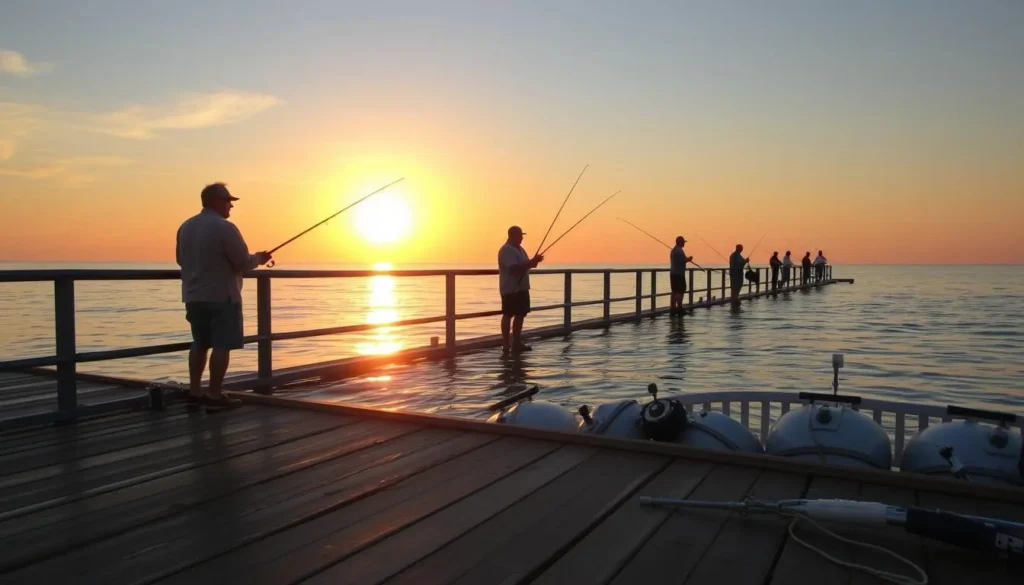 Generate an image of the Kure Beach Fishing Pier at sunset with fishermen casting their lines into the ocean.