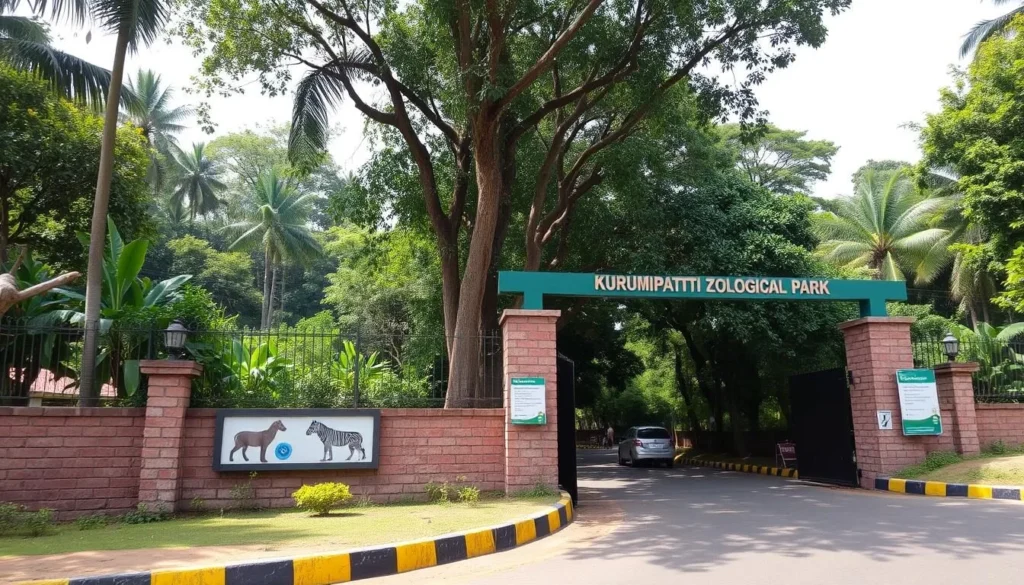 Generate an image of the Kurumbapatti Zoological Park's entrance, showcasing its natural surroundings and signage.