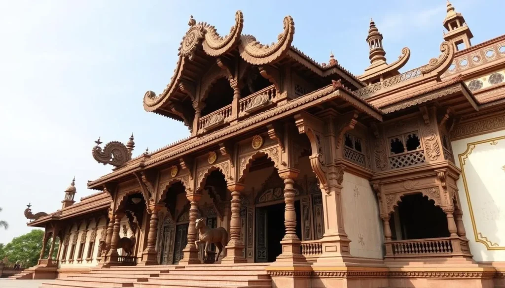 Generate an image of the Kuthira Malika Palace's exterior with its wooden horse carvings.