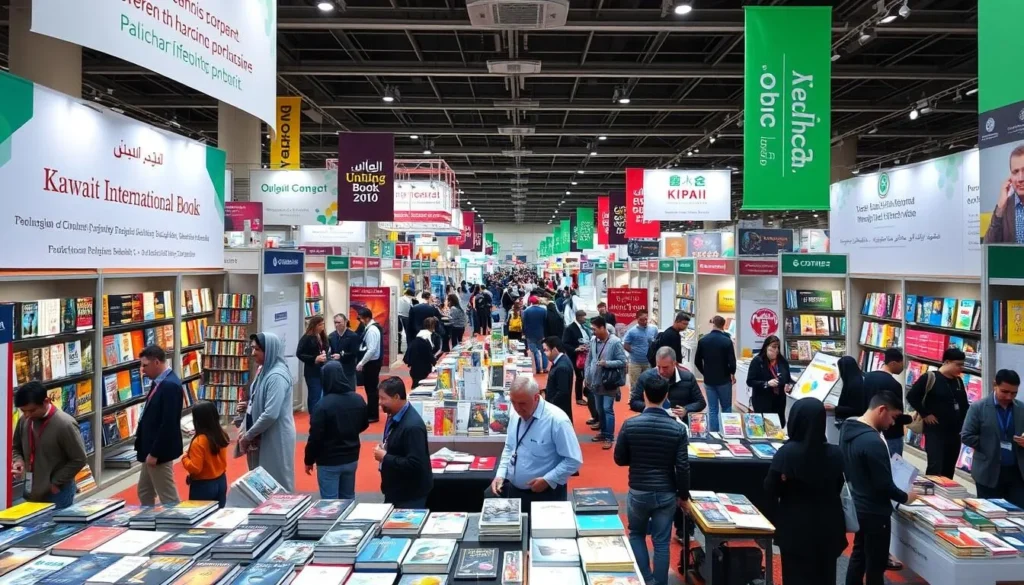 Generate an image of the Kuwait International Book Fair exhibition hall