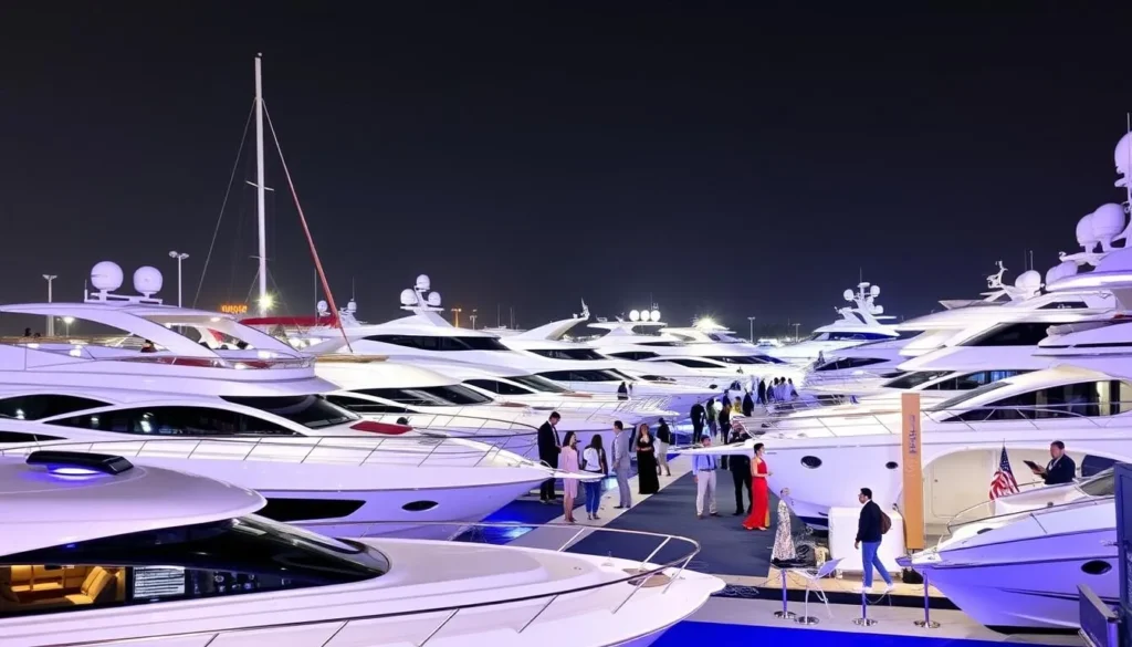 Generate an image of the Kuwait Yacht Show at Marina Crescent, showcasing luxury yachts and attendees.