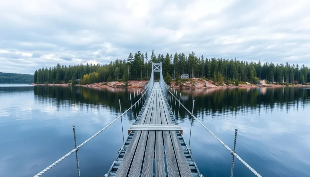 Generate an image of the Lapinsalmi Suspension Bridge in Repovesi National Park, Finland, with a serene lake in the background.