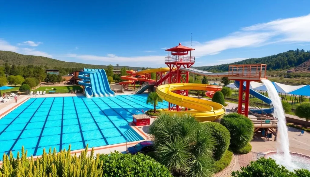 Generate an image of the Lava Hot Springs Olympic Swimming Pool & Waterpark, showcasing its water slides and diving platforms.