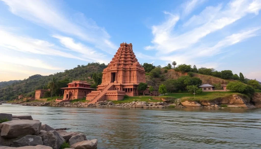 Generate an image of the Leaning Temple of Huma on the banks of the Mahanadi River.