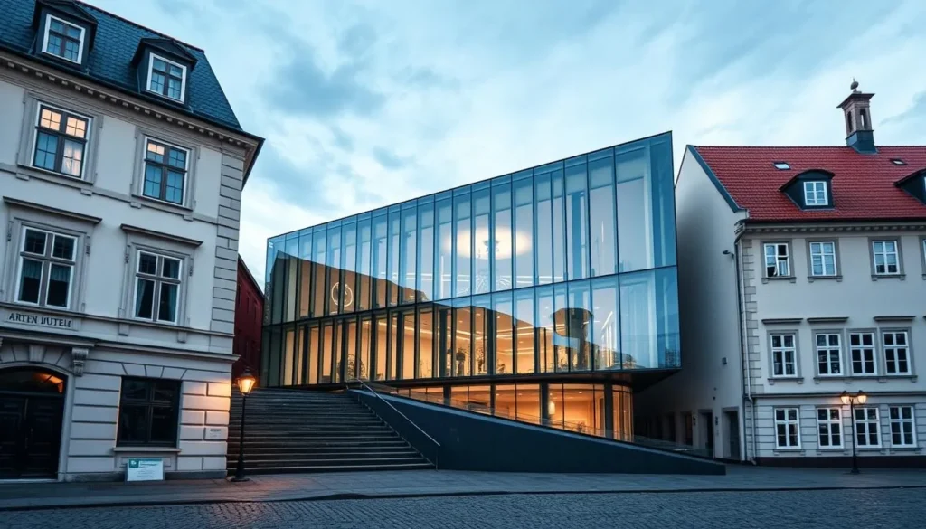 Generate an image of the Lillehammer Art Museum's modern architecture contrasting with traditional buildings.