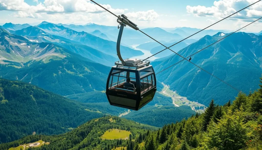 Generate an image of the Loen Skylift cable car ascending to the top of Mount Hoven