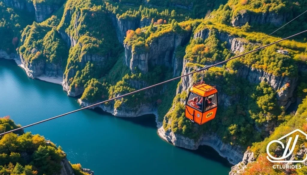 Generate an image of the Loen Zipline crossing the Tungejølet gorge