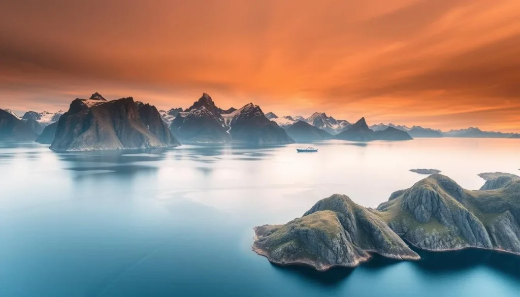 Generate an image of the Lofoten Islands with their characteristic jagged mountains and serene fjords.