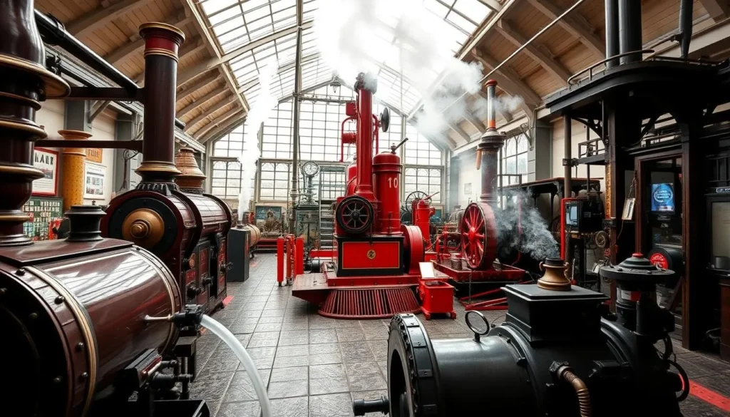Generate an image of the London Museum of Water and Steam, showcasing its historic steam engines and interactive waterworks gallery.