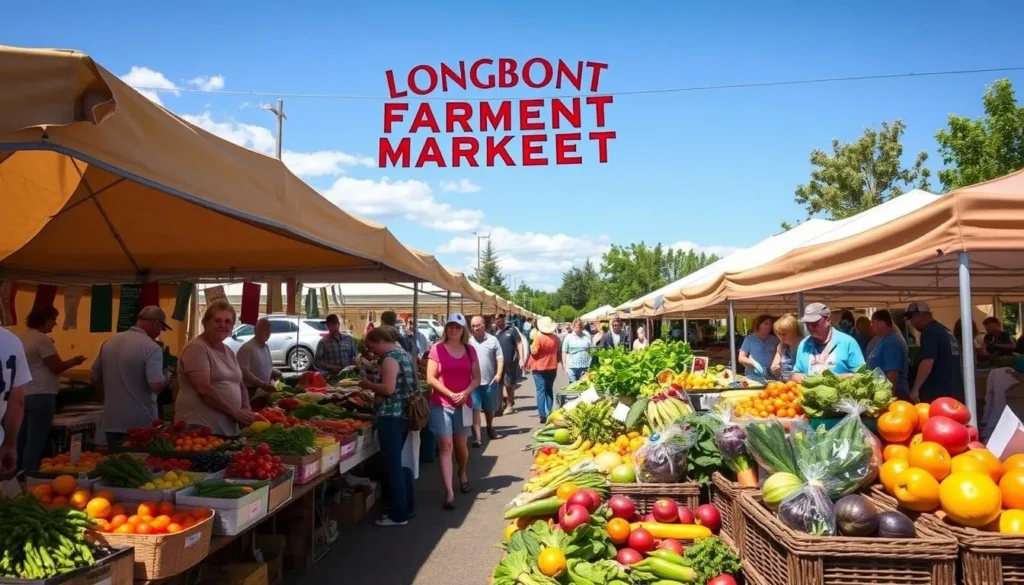 Generate an image of the Longmont Farmers Market on a sunny day with vibrant produce and happy customers.