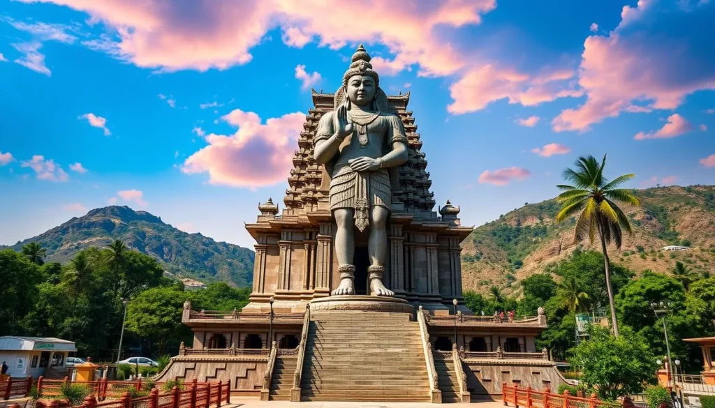 Generate an image of the Lord Bahubali Jain Temple with its 45-foot tall granite statue.