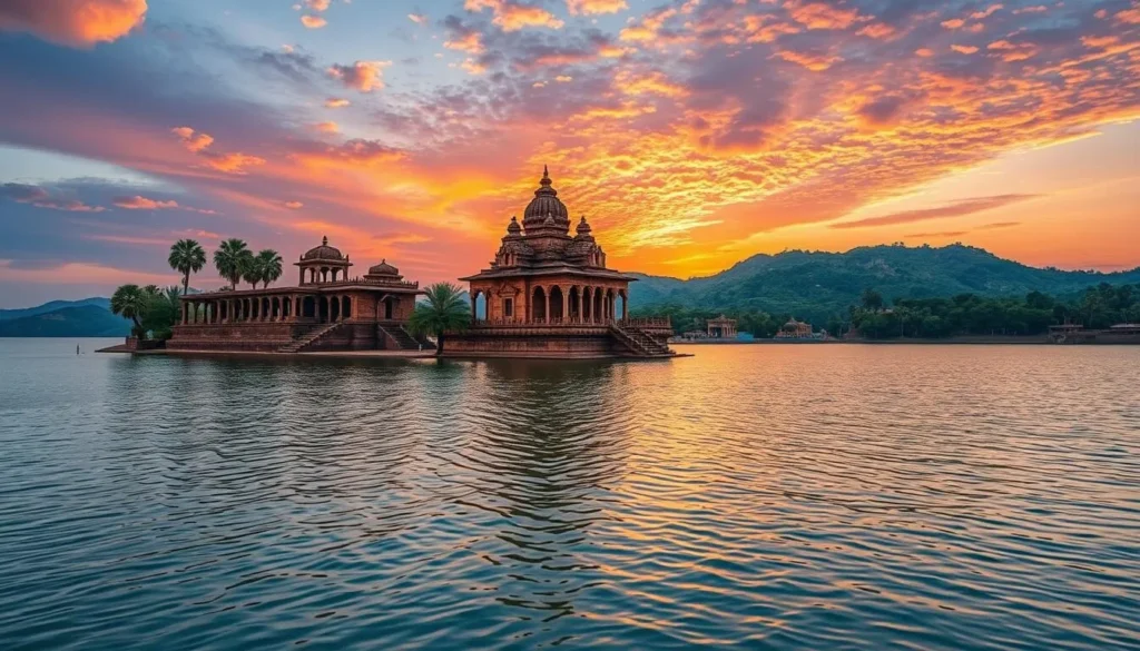 Generate an image of the Lost Temples of Hirakud partially submerged in the Hirakud Dam reservoir.