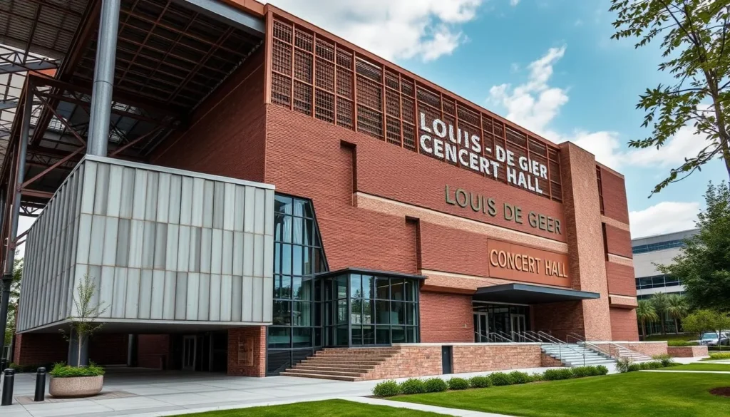 Generate an image of the Louis De Geer Concert Hall, showcasing its industrial charm and modern architectural elements.