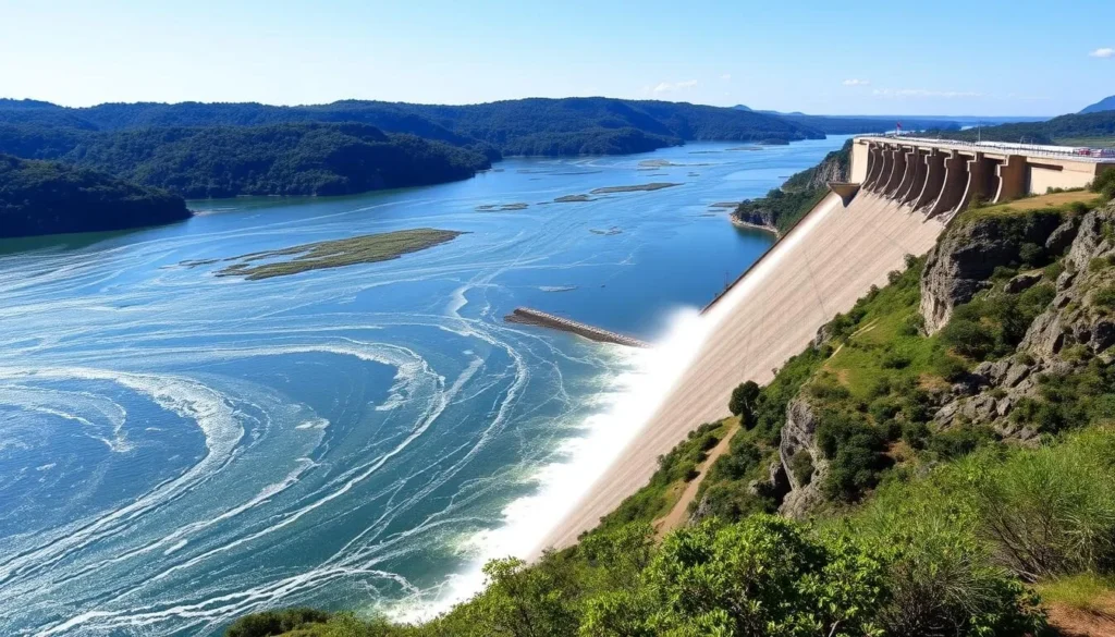 Generate an image of the Macagua Dam with the Orinoco River in the background.