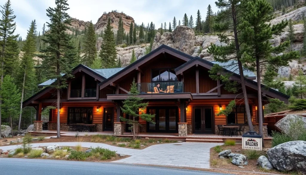 Generate an image of the Maligne Canyon Wilderness Kitchen's exterior, showcasing its rustic-chic architecture amidst the natural surroundings.
