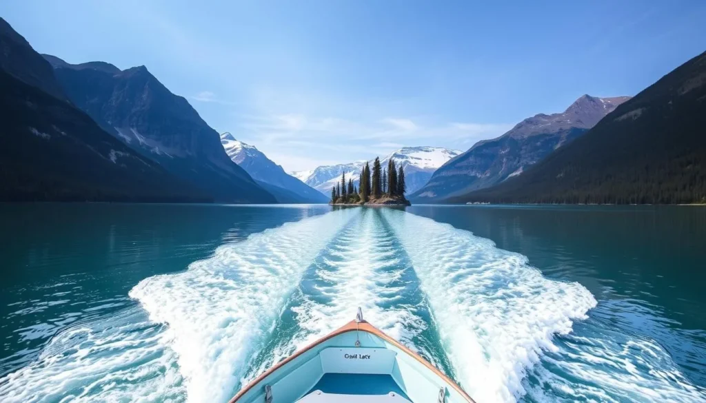Generate an image of the Maligne Lake Cruise approaching Spirit Island