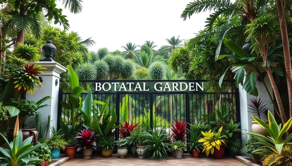 Generate an image of the Maracaibo Botanical Garden's entrance, showcasing its lush surroundings and a variety of plant species.