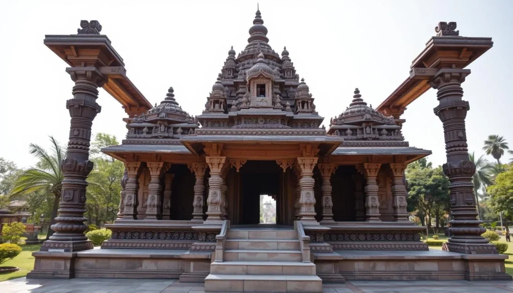 Generate an image of the Marsalganj Jain Temple's intricate carvings and peaceful surroundings.