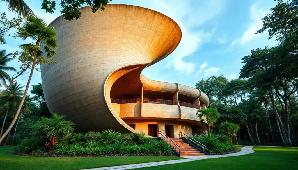 Generate an image of the Memorial dos Povos Indígenas, showcasing its unique spiral-shaped architecture inspired by traditional Yanomami round houses.