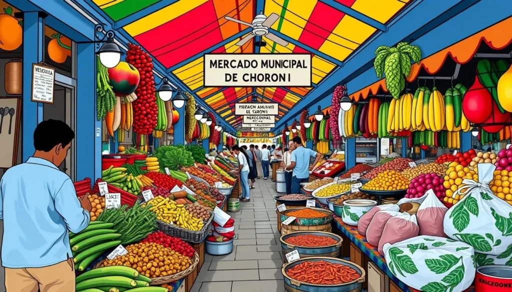 Generate an image of the Mercado Municipal de Choroni, showcasing vibrant local produce and traditional Venezuelan dishes.
