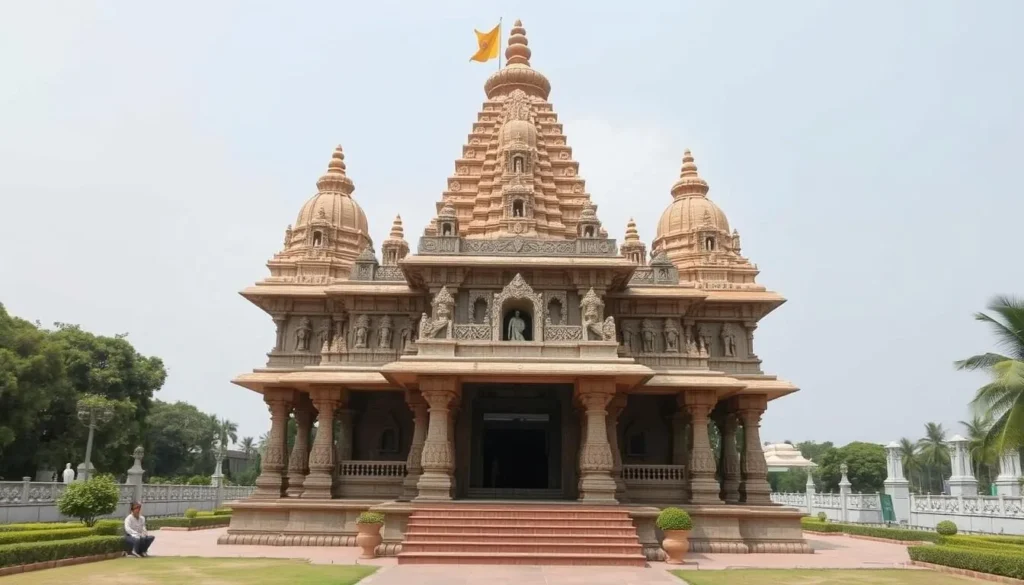 Generate an image of the Military Mahadeva Temple's main shrine with its intricate sculptures and surrounding garden.