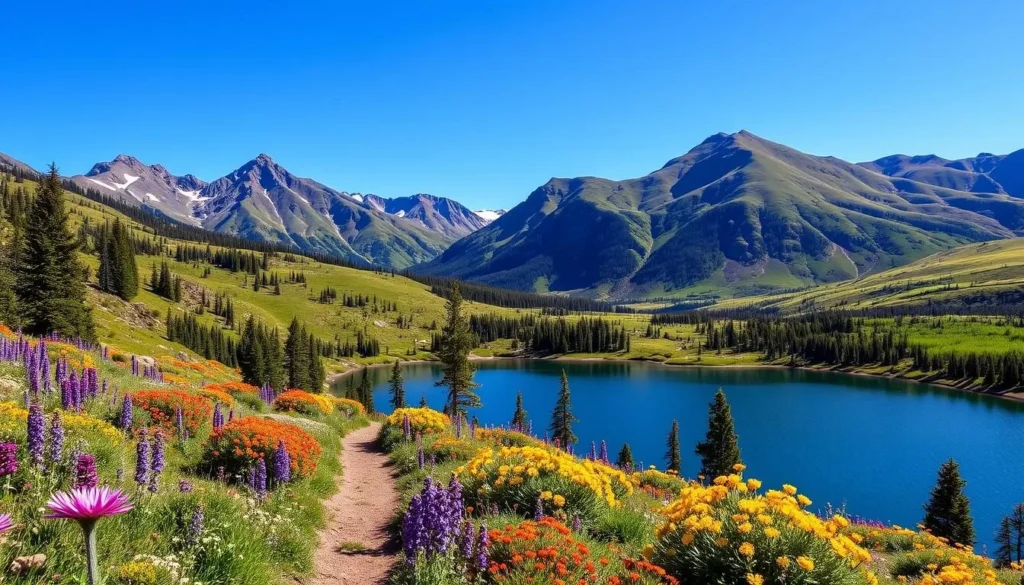 Generate an image of the Monarch Lake Loop trail in Granby, Colorado, showcasing its scenic beauty and surrounding mountains.