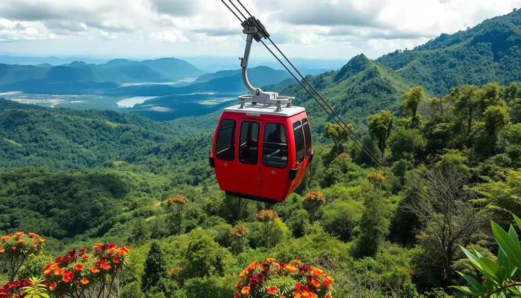 Generate an image of the Morro do Elefante cable car in Campos do Jordao, Brazil, showcasing its journey through the lush mountain landscape. Generate an image of the Morro do Elefante cable car in Campos do Jordao, Brazil, showcasing its journey through the lush mountain landscape.