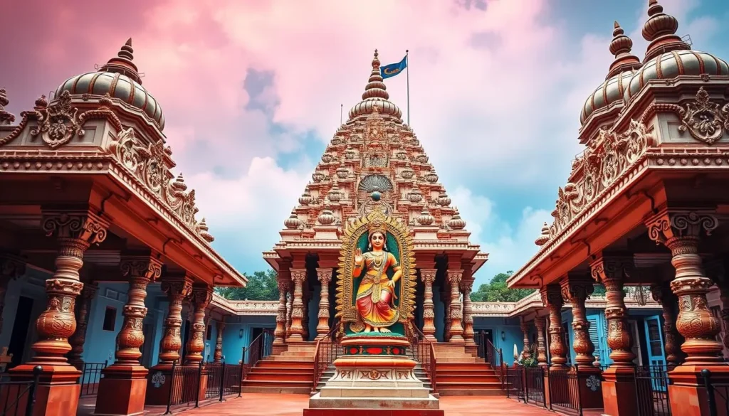 Generate an image of the Mota Ashapura Maa Temple, showcasing its unique architecture and the idol of Maa Ashapura.
