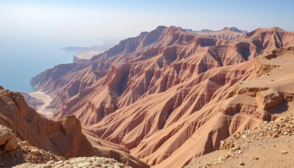 Generate an image of the Mujib Nature Reserve with its rugged gorges and steep valleys along the Dead Sea coast.