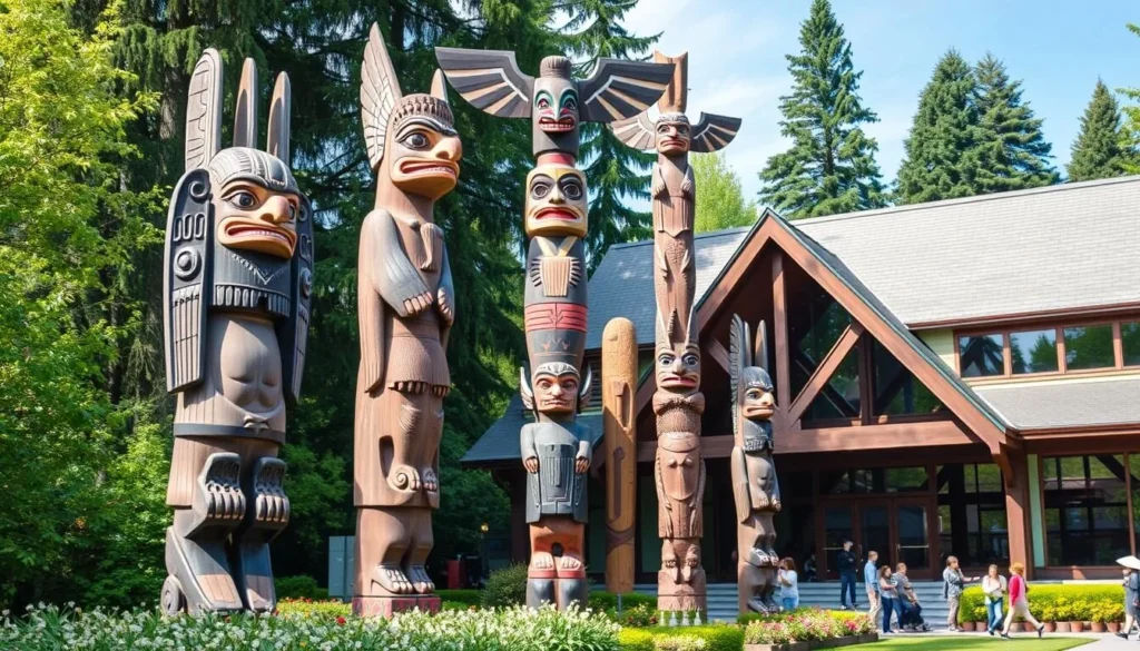 Generate an image of the Museum of Anthropology in Vancouver, featuring totem poles and other cultural artifacts.