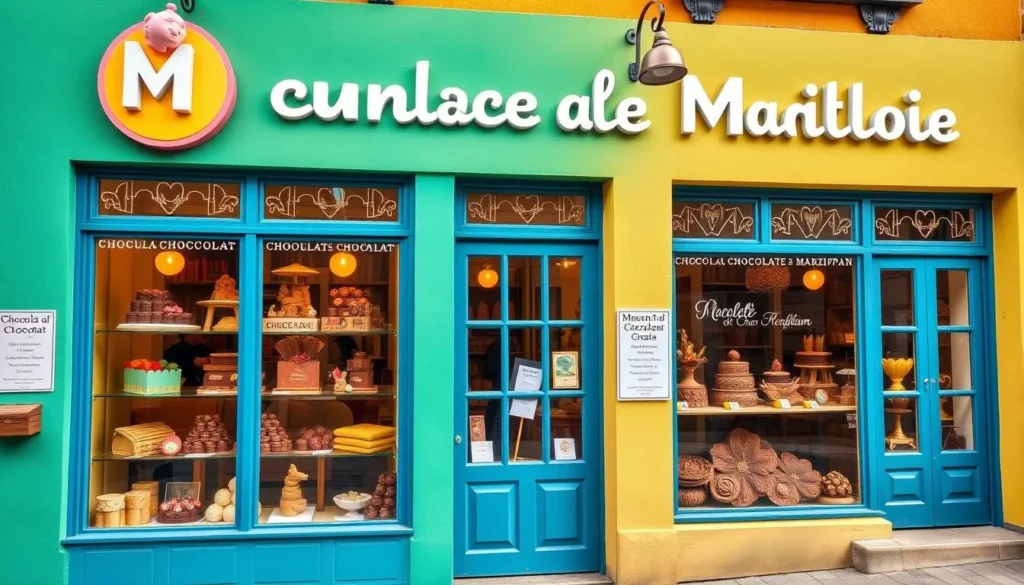 Generate an image of the Museum of Chocolate and Marzipan in Tabor, Czechia, showcasing its colorful facade and enticing window displays.