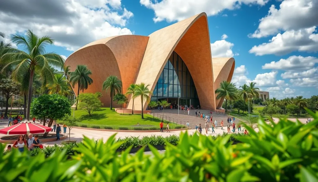 Generate an image of the National Museum of Brasilia, showcasing its modern architecture and vibrant surroundings.