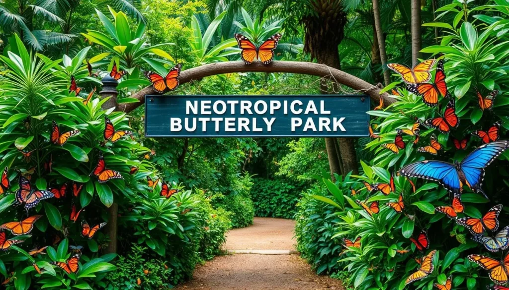 Generate an image of the Neotropical Butterfly Park's entrance, showcasing its lush surroundings and vibrant butterfly species.