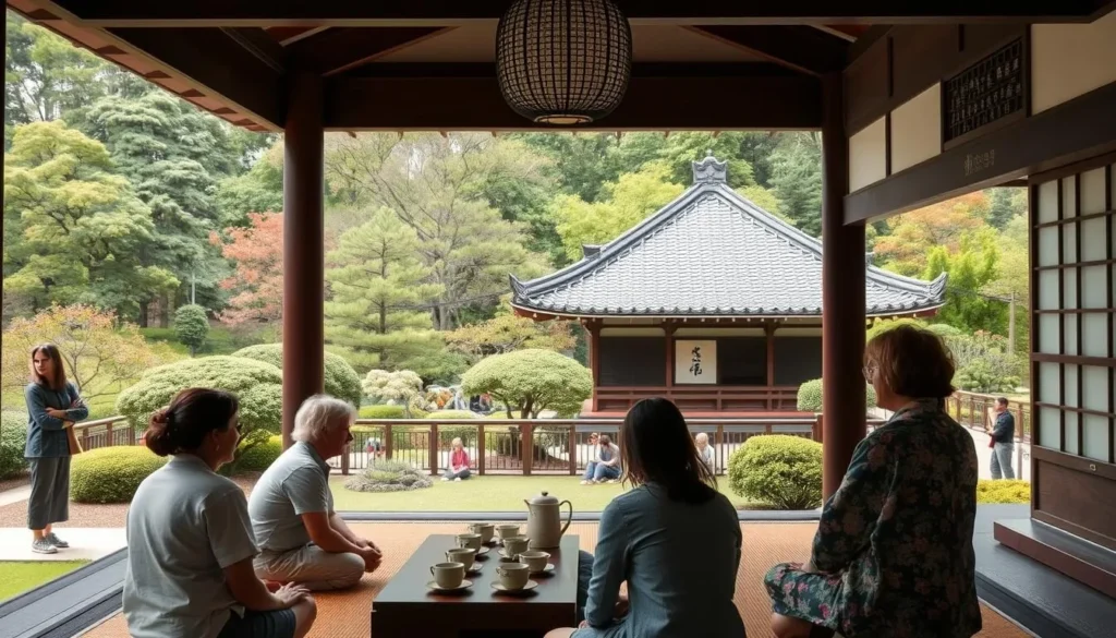 Generate an image of the Nikka Yuko Japanese Gardens with visitors participating in a tea ceremony.