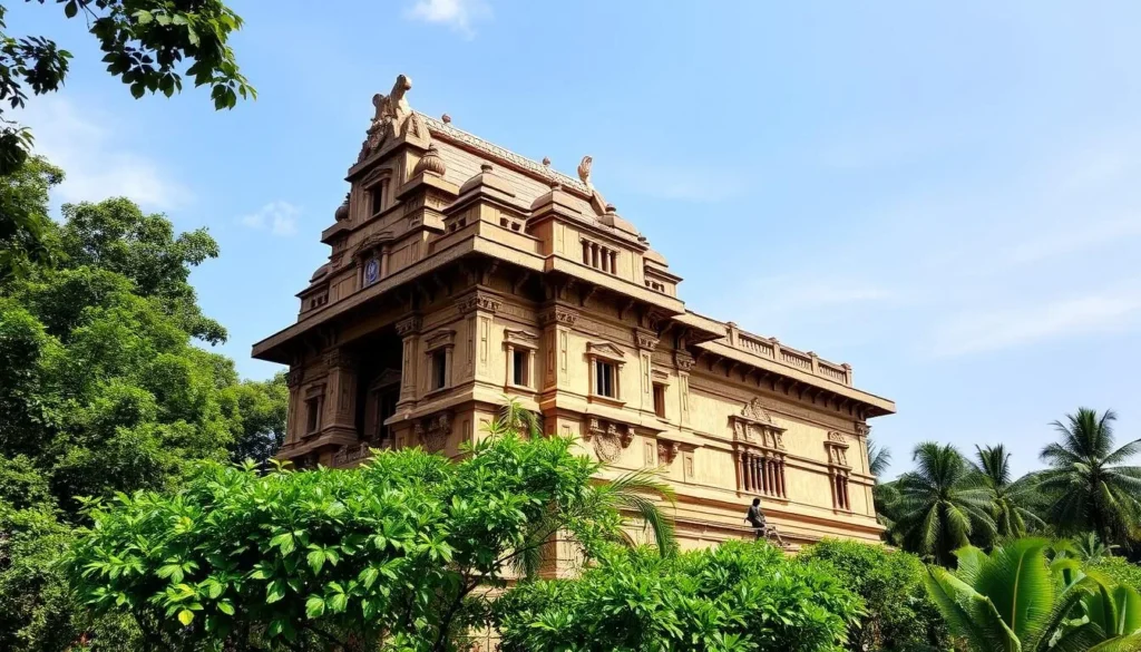 Generate an image of the Nilambur Kovilakam, showcasing its intricate frescoes and traditional Kerala architecture.