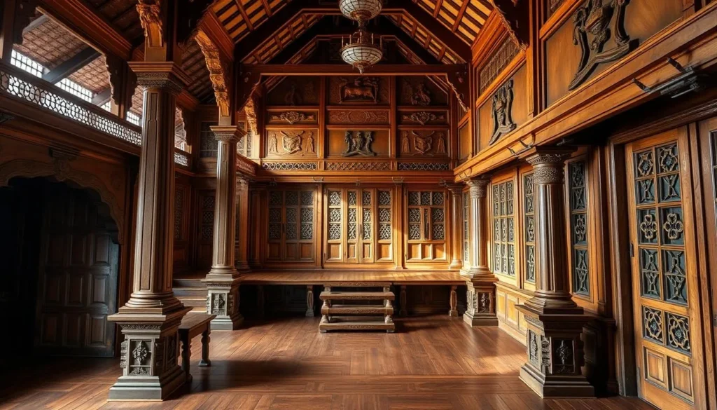 Generate an image of the Nilambur Teak Museum, showcasing its unique teak wood craftsmanship.
