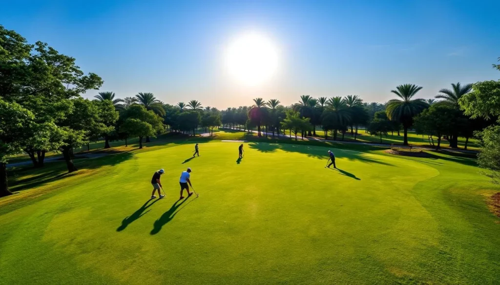 Generate an image of the Noida Golf Course with golfers playing on the lush green course.