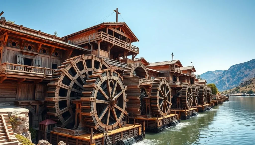 Generate an image of the Norias of Hamah, showcasing their massive wooden structure against the backdrop of the Orontes River.