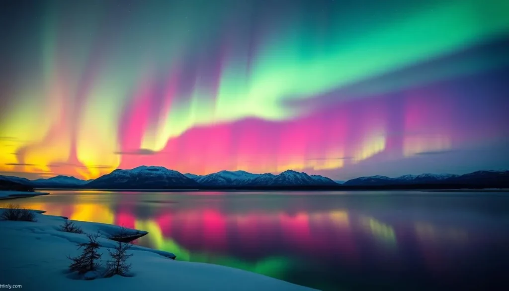 Generate an image of the Northern Lights over Lake Inari
