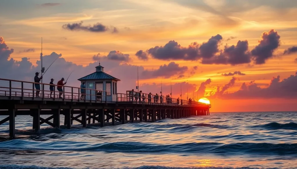 Generate an image of the Okaloosa Island Fishing Pier at sunset with anglers catching fish.