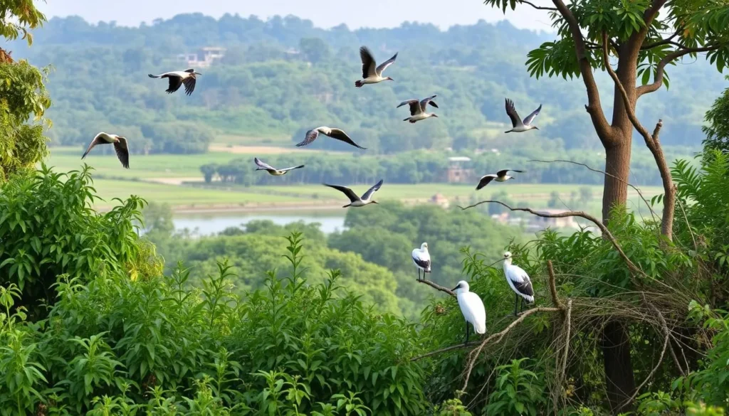 Generate an image of the Okhla Bird Sanctuary with diverse bird species and lush greenery.
