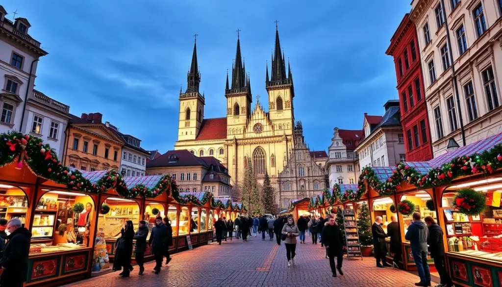 Generate an image of the Old Town Square Christmas Market in Prague, with the Church of Our Lady before Týn in the background.