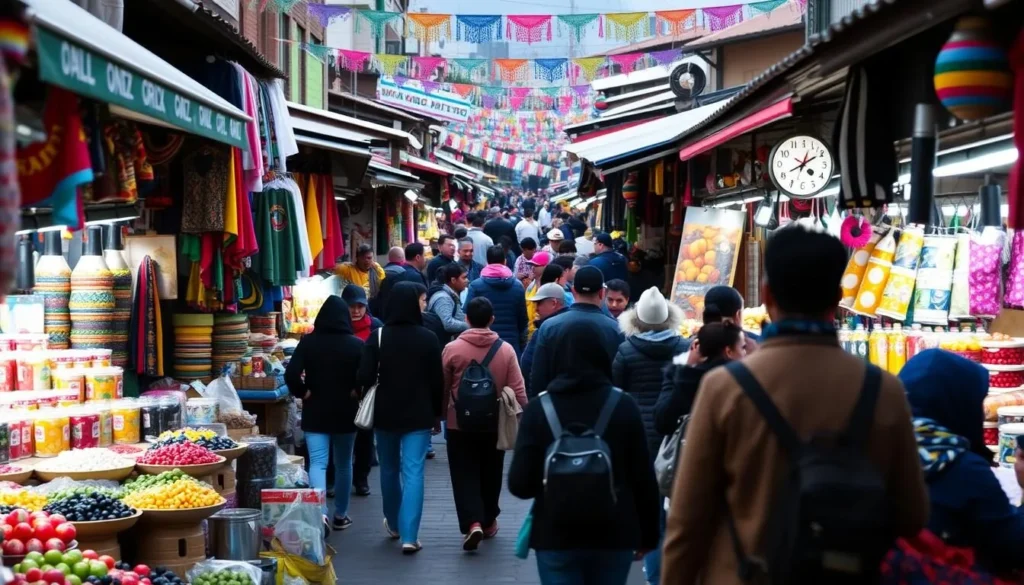 Generate an image of the Otavalo Market on a Saturday, with vibrant colors and bustling atmosphere.