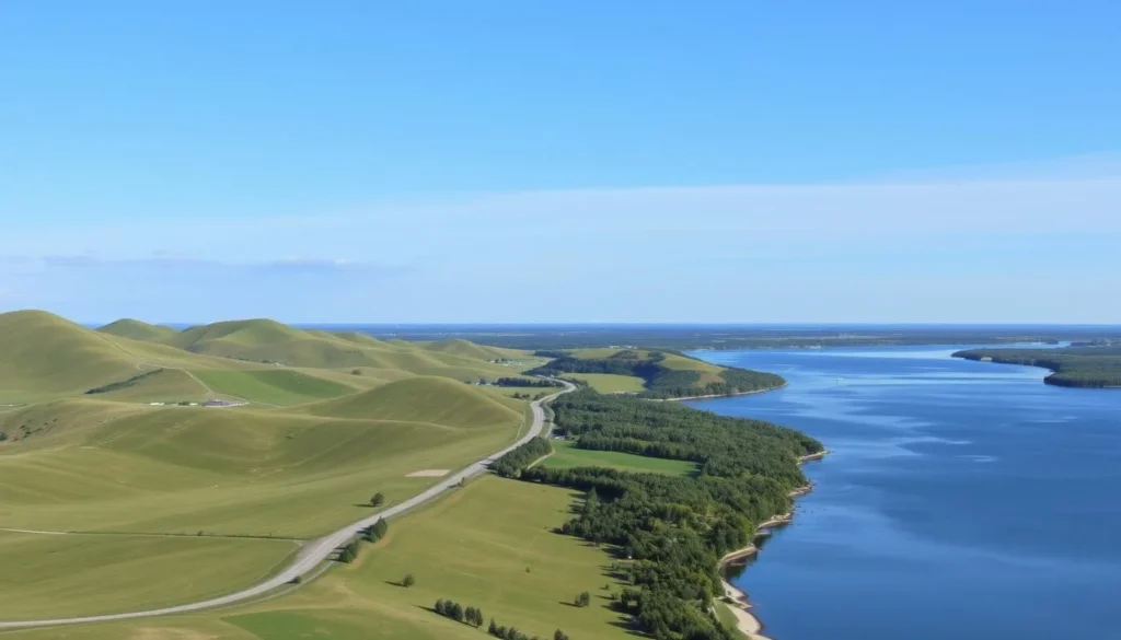 Generate an image of the Otter Tail Scenic Byway route with rolling hills and lakeside views.
