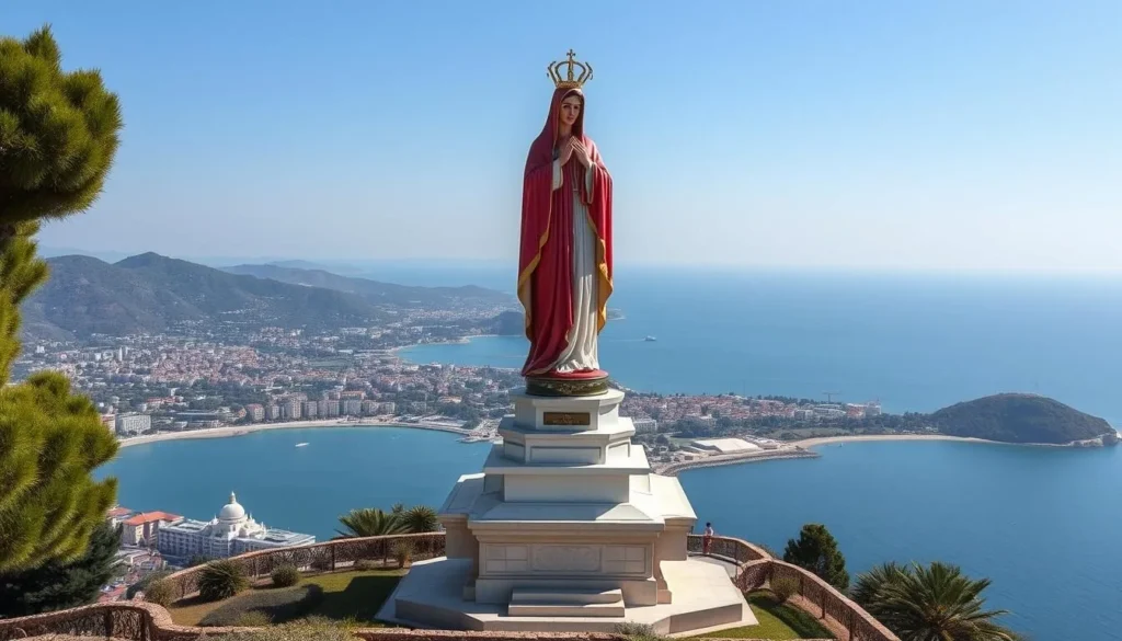 Generate an image of the Our Lady of Lebanon statue in Harissa, overlooking Jounieh Bay.