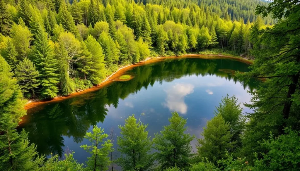 Generate an image of the Padrťské Ponds surrounded by lush green forests and a serene atmosphere.