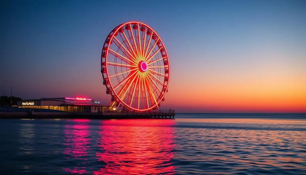 Generate an image of the Palanga Ferris wheel at sunset with the Baltic Sea in the background.
